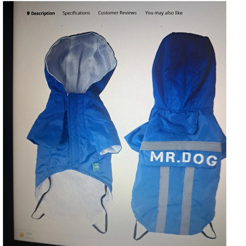 NIB-Sz L Dog Reflective Rain Jacket with Hood Blue White Gray MR DOG on back